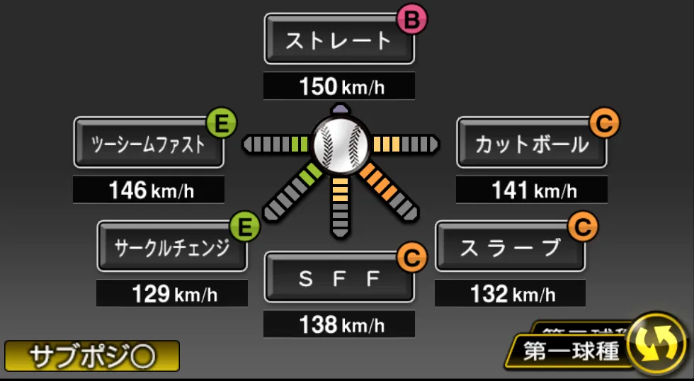 田嶋 大樹の球種（ゲーム内の画面）