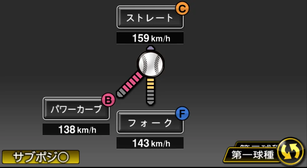 山下 舜平大の球種（ゲーム内の画面）
