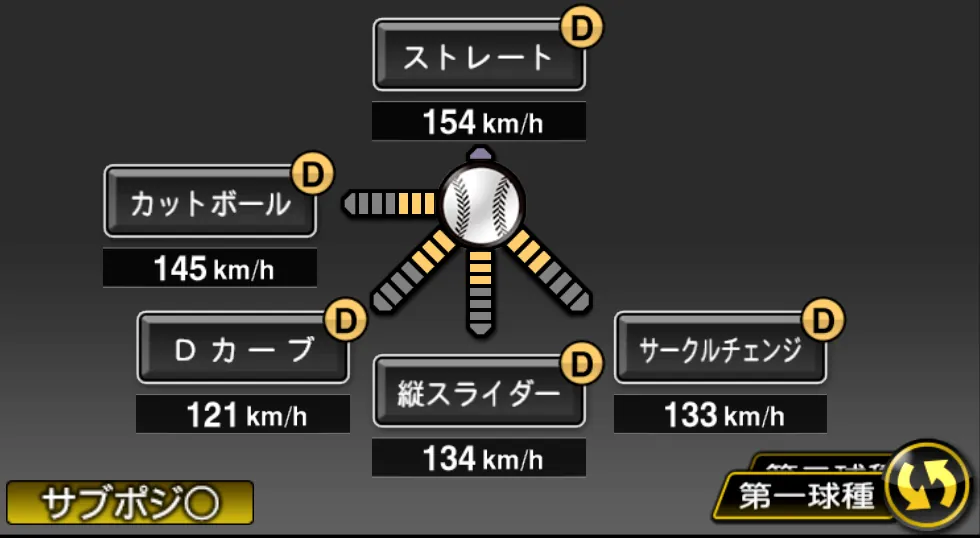 東 晃平の球種（ゲーム内の画面）