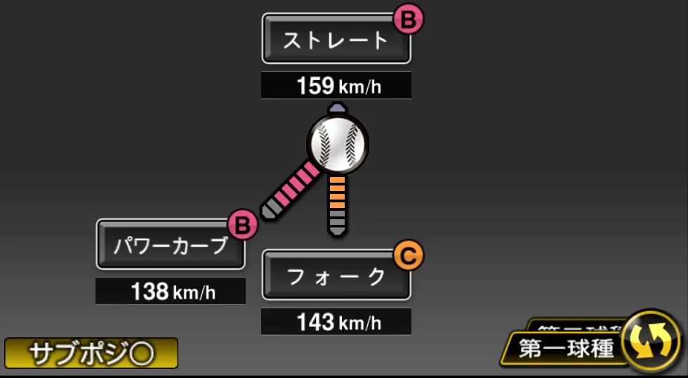 山下 舜平大の球種（ゲーム内の画面）