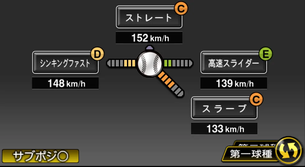 曽谷 龍平の球種（ゲーム内の画面）