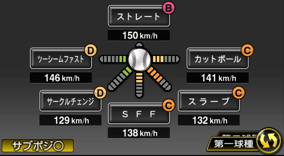 田嶋 大樹の球種（ゲーム内の画面）