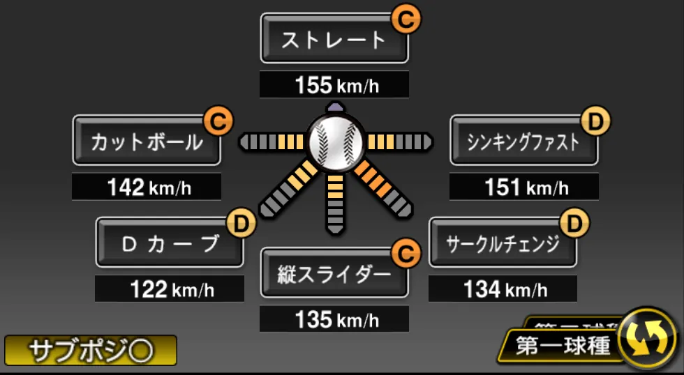 東 晃平の球種（ゲーム内の画面）