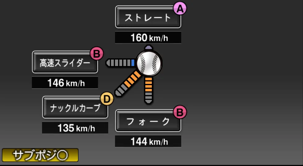 山﨑 颯一郎の球種（ゲーム内の画面）