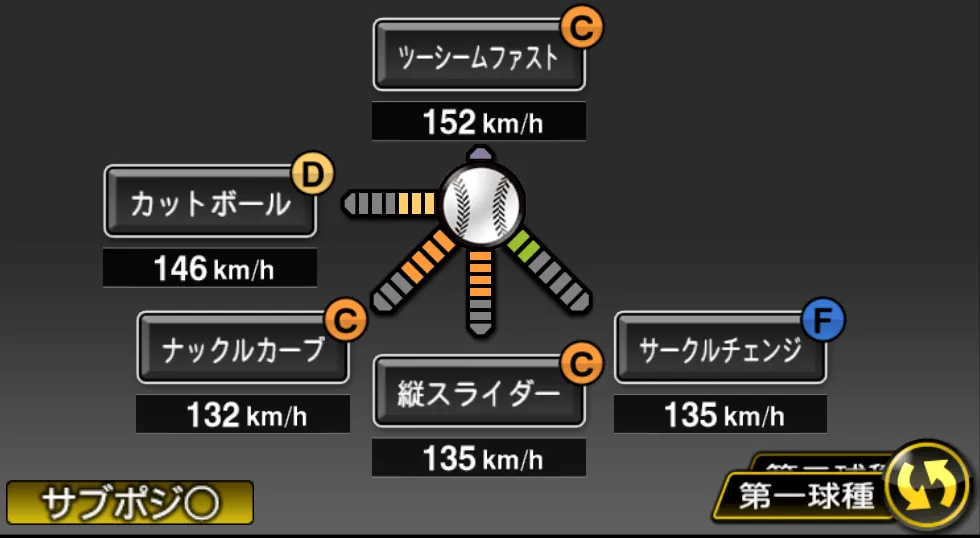 エスピノーザの球種（ゲーム内の画面）