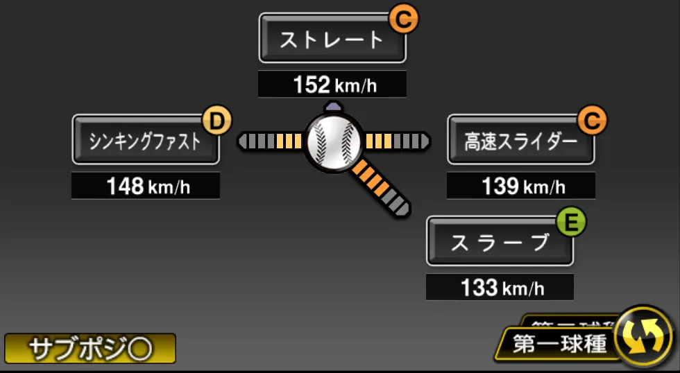 曽谷 龍平の球種（ゲーム内の画面）
