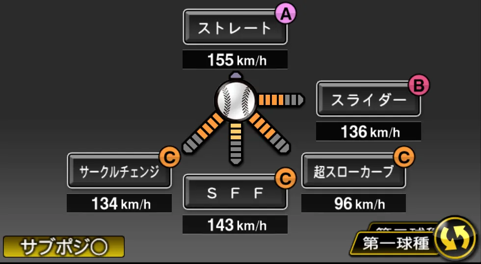 宮城 大弥の球種(ゲーム内の画面)