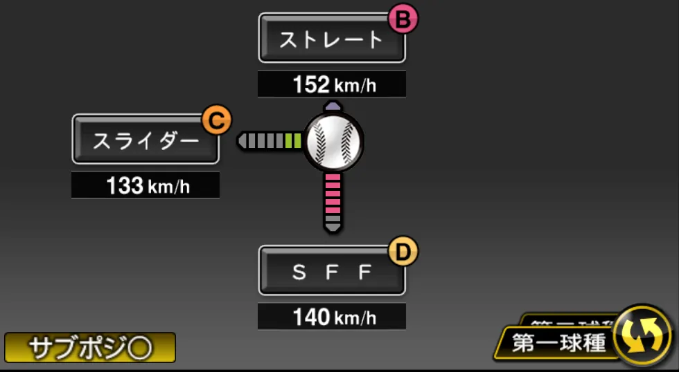 塚原 頌平の球種（ゲーム内の画面）
