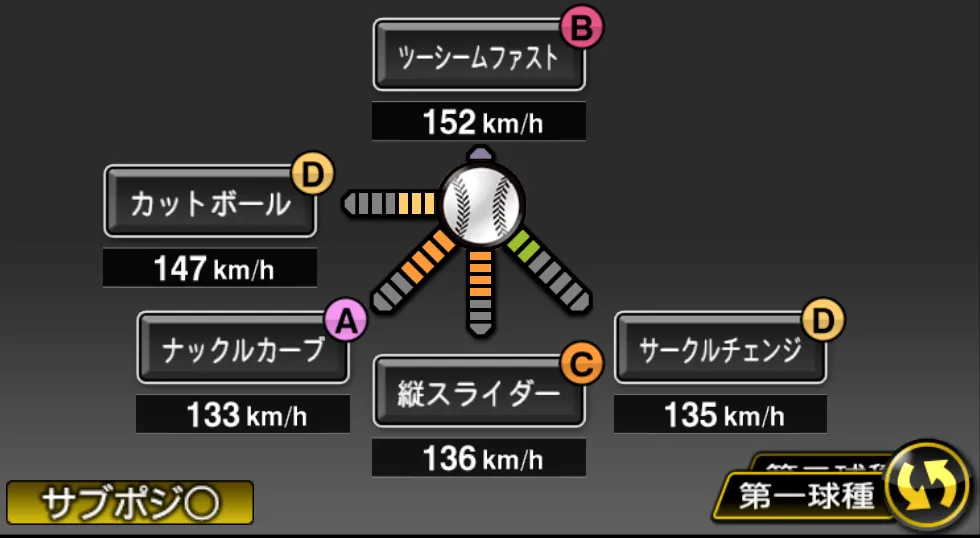 エスピノーザの球種（ゲーム内の画面）