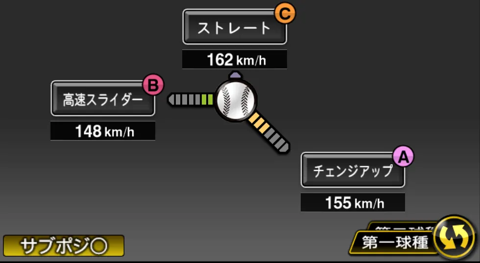 マチャドの球種（ゲーム内の画面）