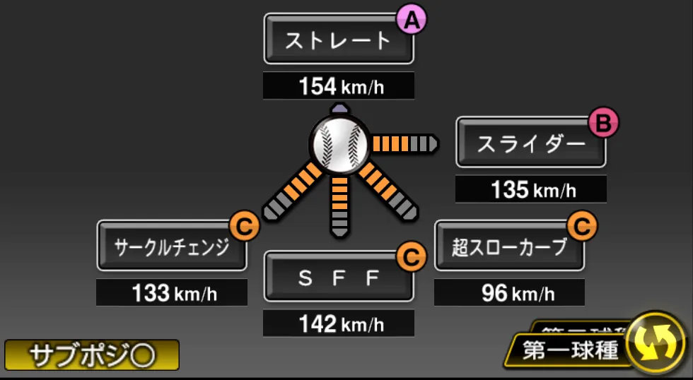 宮城 大弥の球種(ゲーム内の画面)