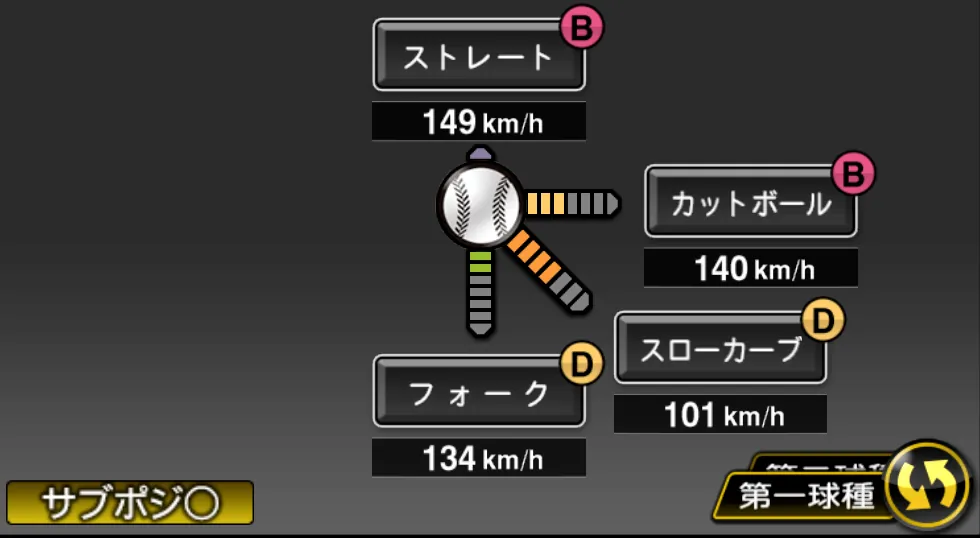 山田 修義の球種（ゲーム内の画面）