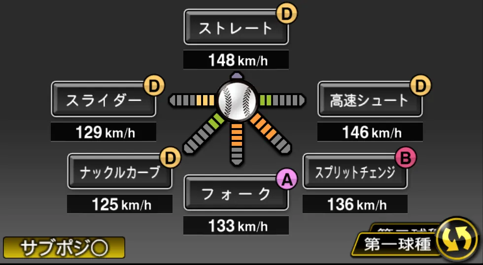 九里 亜蓮の球種(ゲーム内の画面)