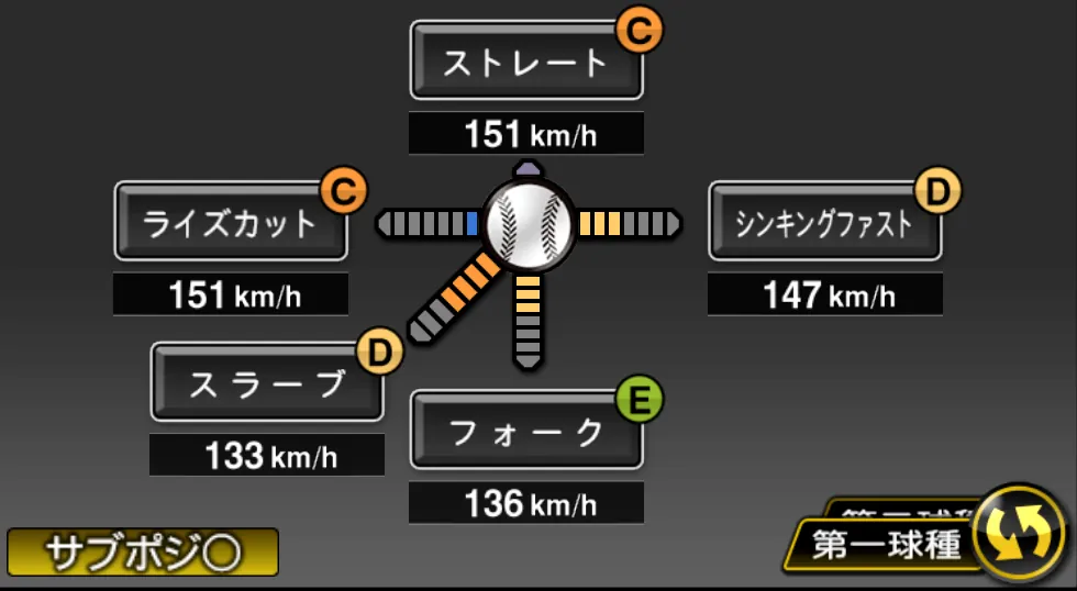 椋木 蓮の球種(ゲーム内の画面)