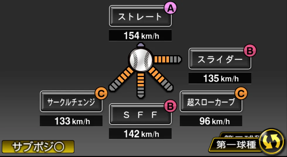 宮城 大弥の球種(ゲーム内の画面)