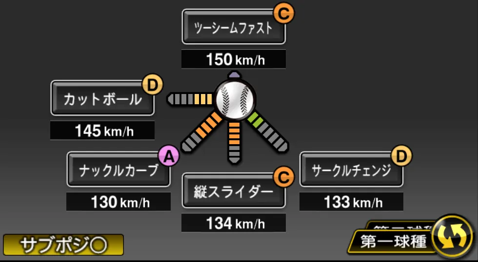 エスピノーザの球種（ゲーム内の画面）