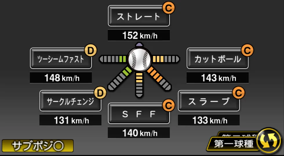 田嶋 大樹の球種（ゲーム内の画面）