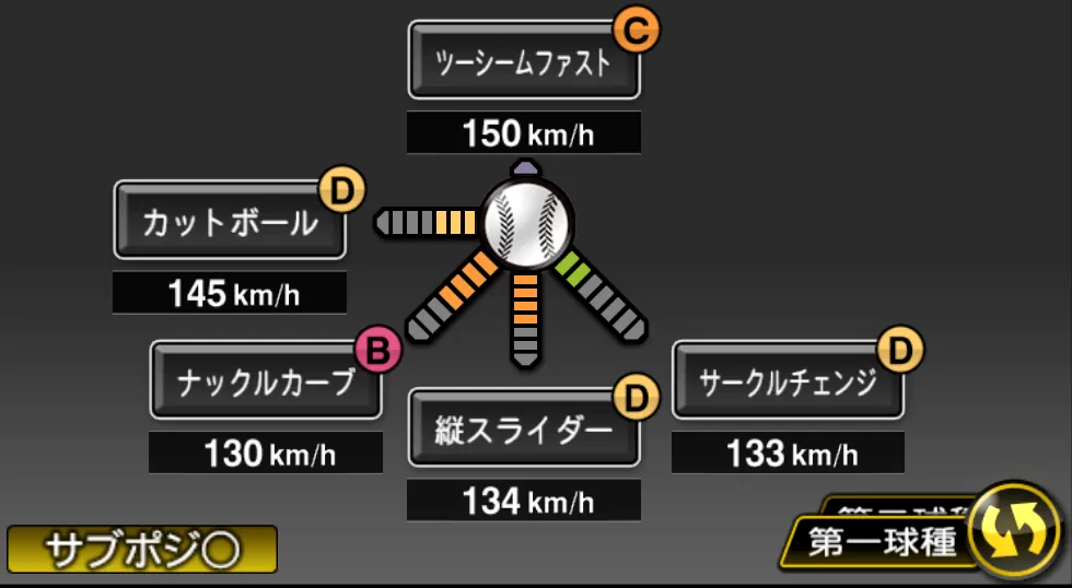 エスピノーザの球種（ゲーム内の画面）