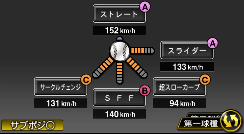 宮城 大弥の球種（ゲーム内の画面）