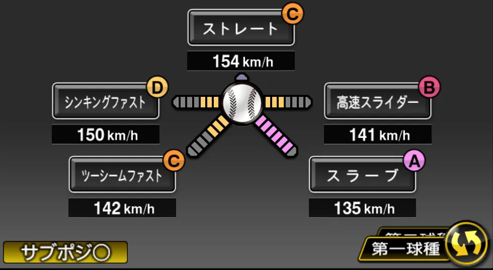 曽谷 龍平の球種（ゲーム内の画面）