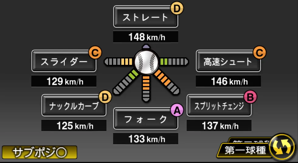 九里 亜蓮の球種（ゲーム内の画面）