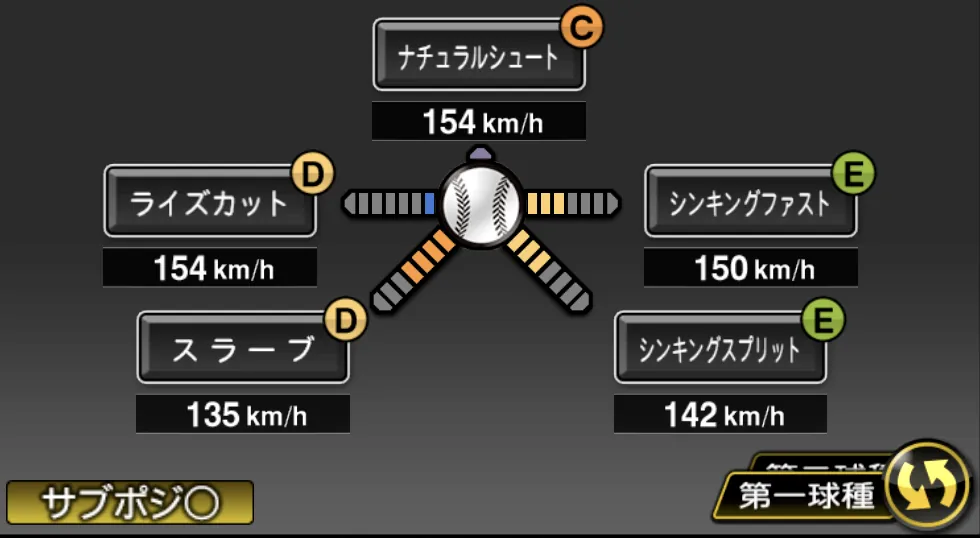 椋木 蓮の球種（ゲーム内の画面）