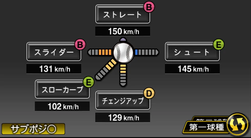 前田 健太の球種（ゲーム内の画面）