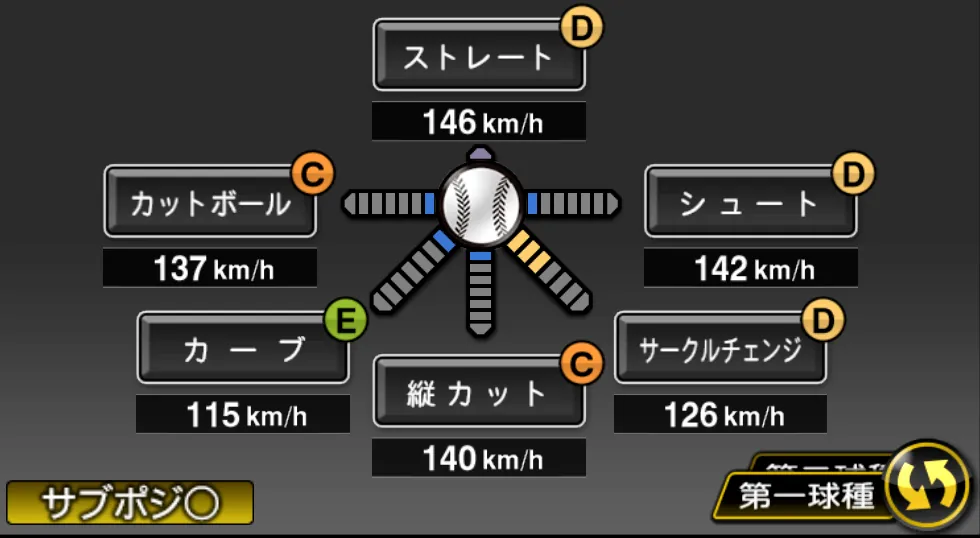 九里 亜蓮の球種（ゲーム内の画面）