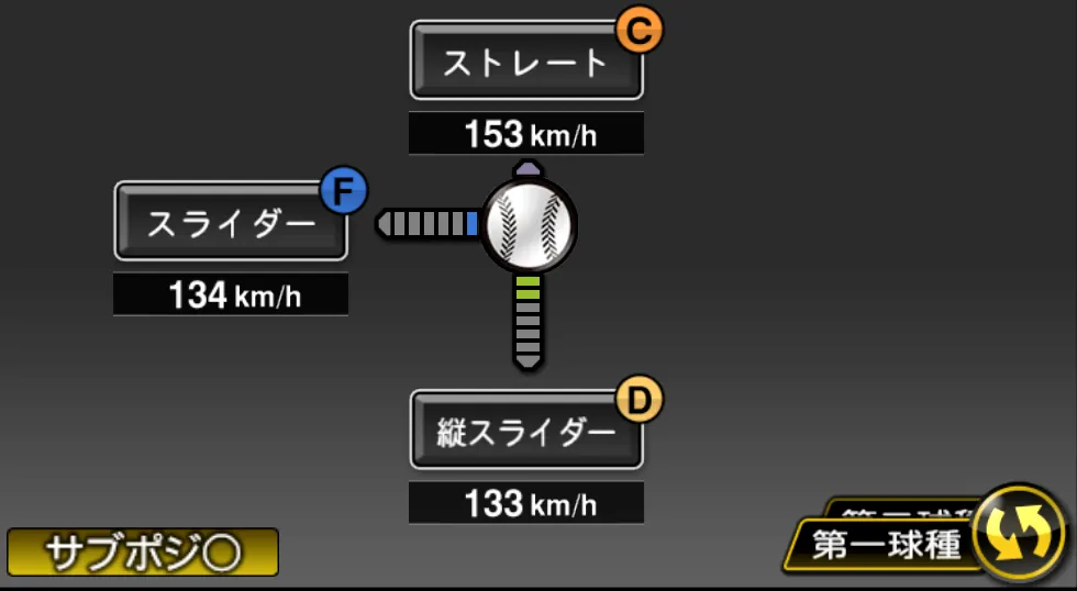 加藤 拓也の球種（ゲーム内の画面）