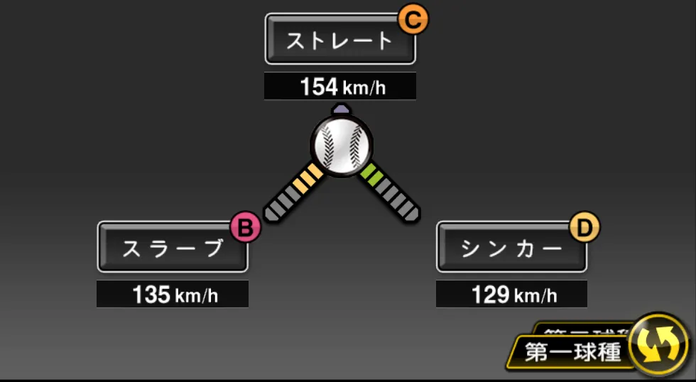 ブレイシアの球種（ゲーム内の画面）