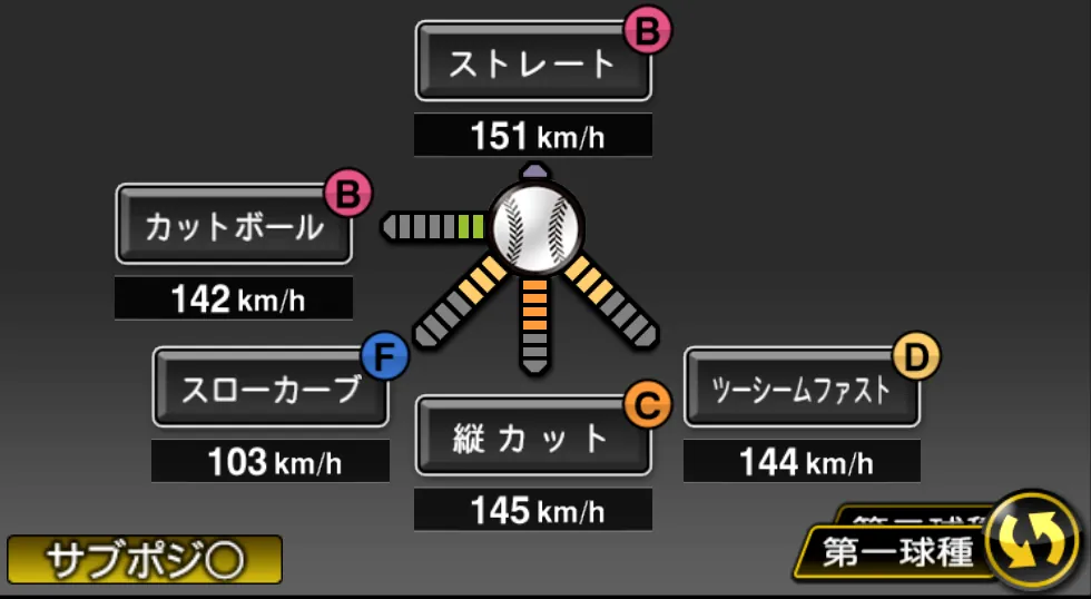 大瀬良 大地の球種（ゲーム内の画面）