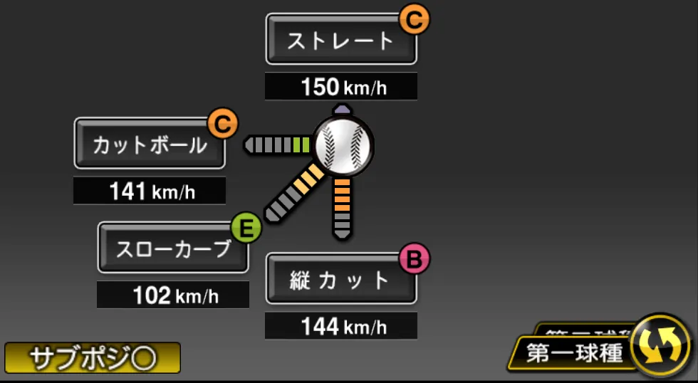 大瀬良 大地の球種（ゲーム内の画面）