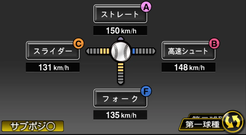 中﨑 翔太の球種（ゲーム内の画面）