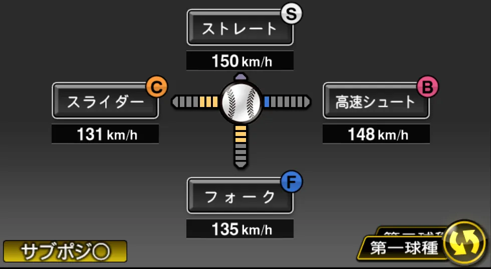 中﨑 翔太の球種（ゲーム内の画面）
