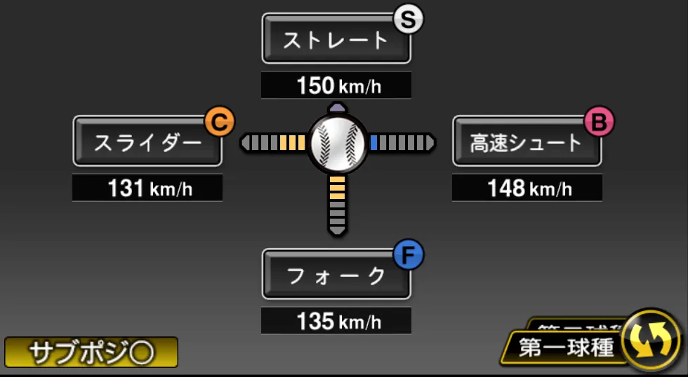 中﨑 翔太の球種（ゲーム内の画面）