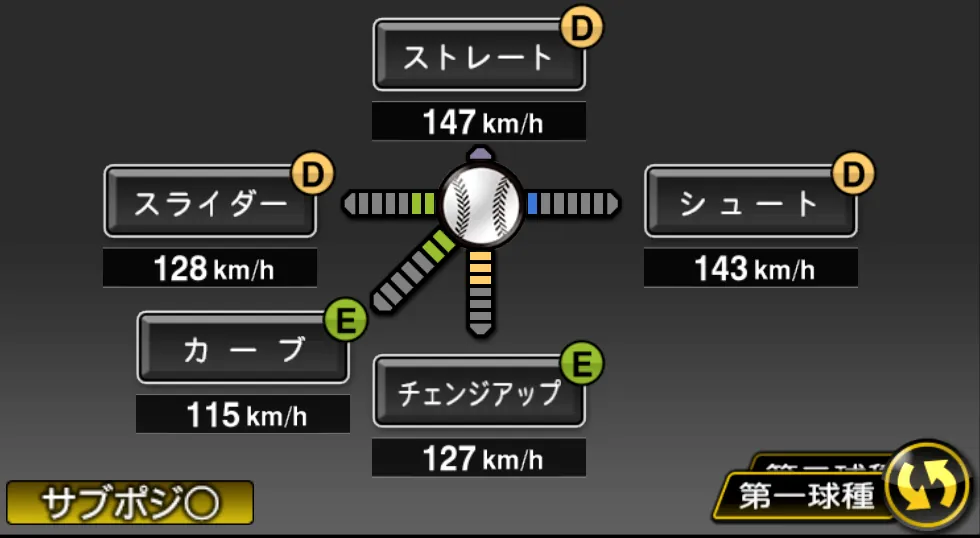 九里 亜蓮の球種(ゲーム内の画面)