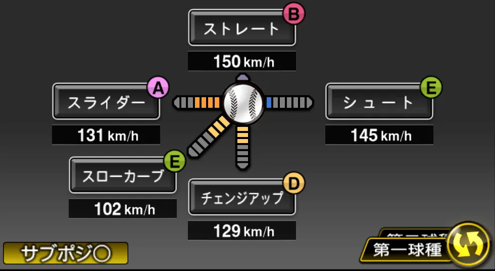 前田 健太の球種（ゲーム内の画面）