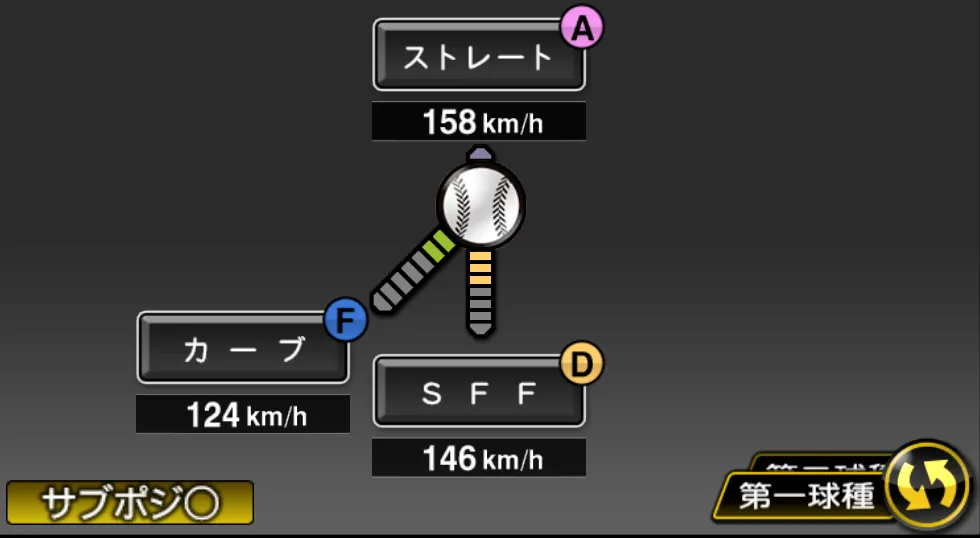 サファテの球種(ゲーム内の画面)