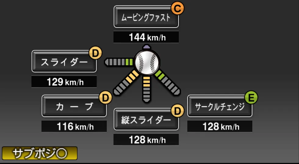 アドゥワ 誠の球種（ゲーム内の画面）