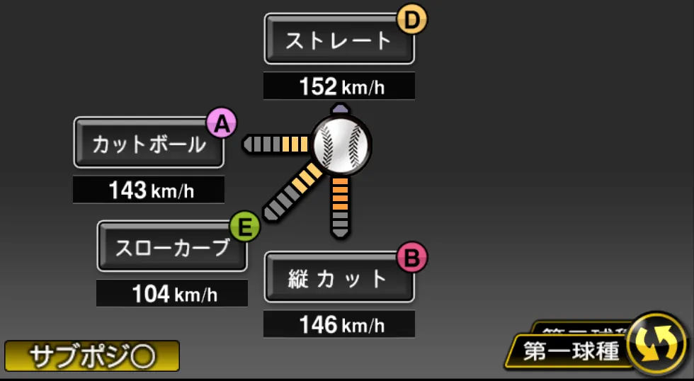 大瀬良 大地の球種（ゲーム内の画面）