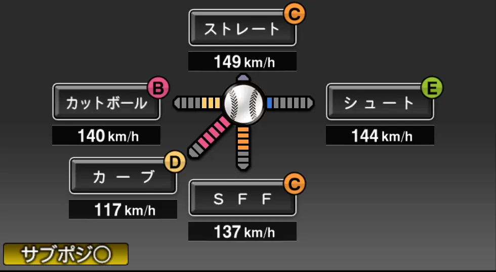 横山 竜士の球種（ゲーム内の画面）