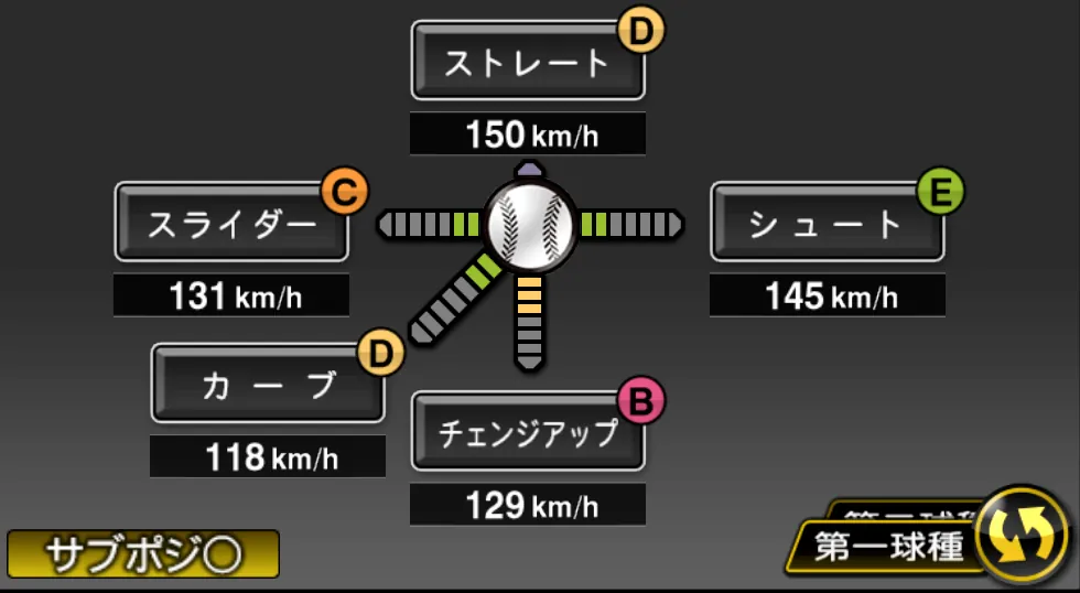 九里 亜蓮の球種（ゲーム内の画面）