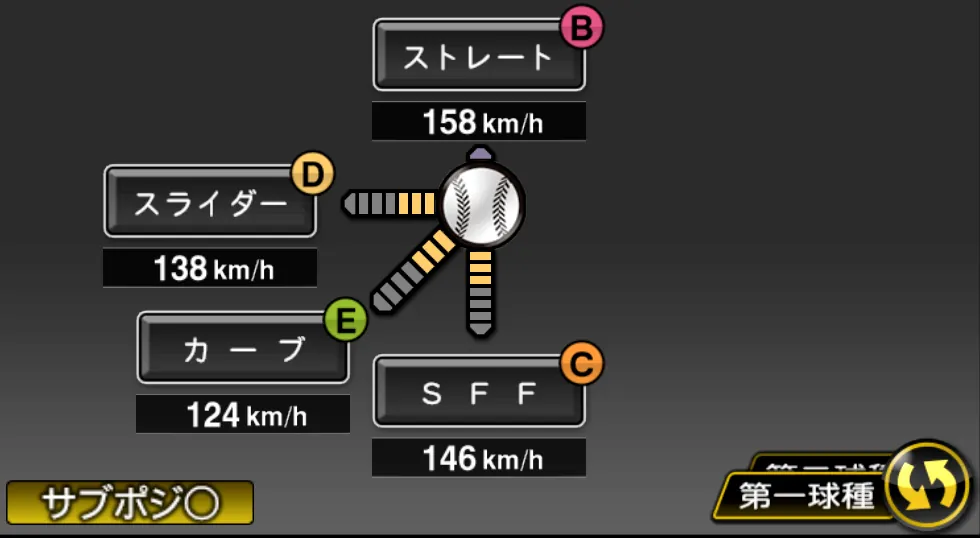 コルニエルの球種（ゲーム内の画面）
