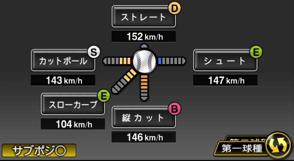 大瀬良 大地の球種（ゲーム内の画面）