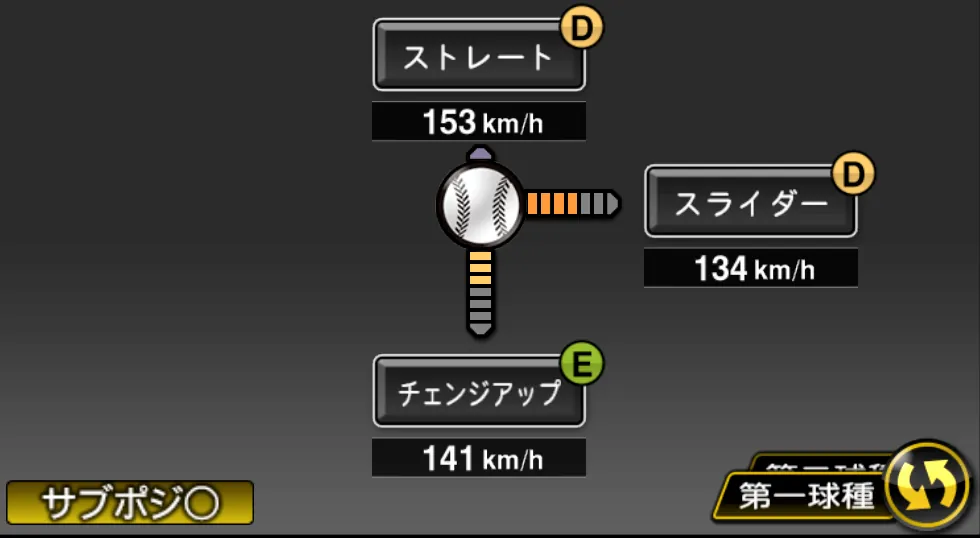 塹江 敦哉の球種（ゲーム内の画面）