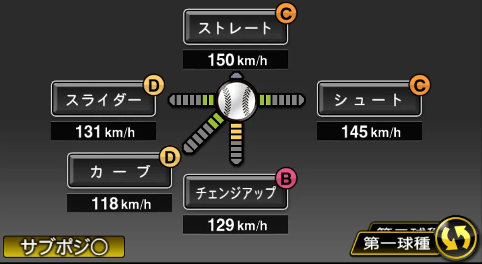 九里 亜蓮の球種（ゲーム内の画面）