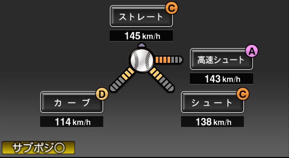 安仁屋 宗八の球種（ゲーム内の画面）