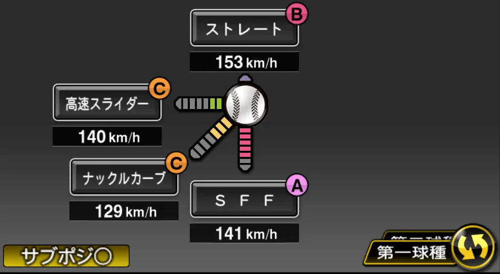 栗林 良吏の球種（ゲーム内の画面）