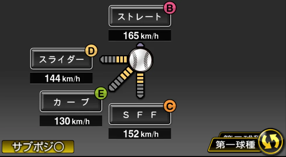 コルニエルの球種（ゲーム内の画面）