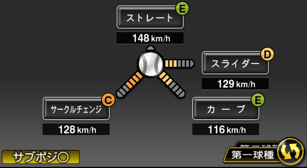森浦 大輔の球種(ゲーム内の画面)